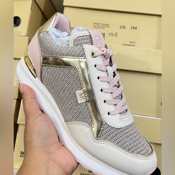 Michael Kors Maddy Leather and Glitter Chain-Mesh Trainer - Size 10 - Picture 2 of 7